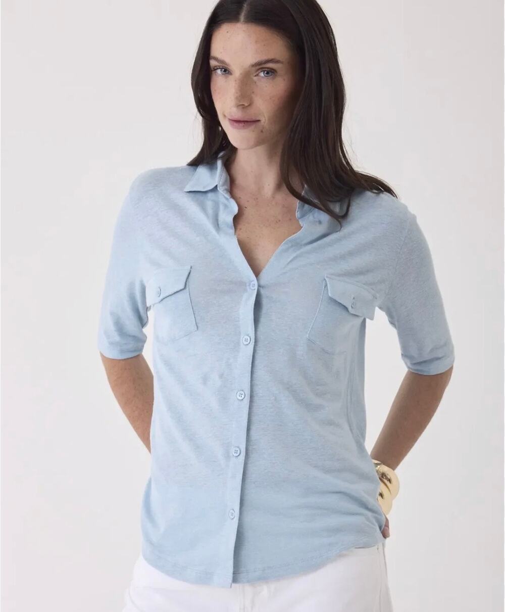 Majestic Filatures 3/4 Sleeves Button Front Cotton Light Blue Tee 2 US Small - Picture 1 of 5
